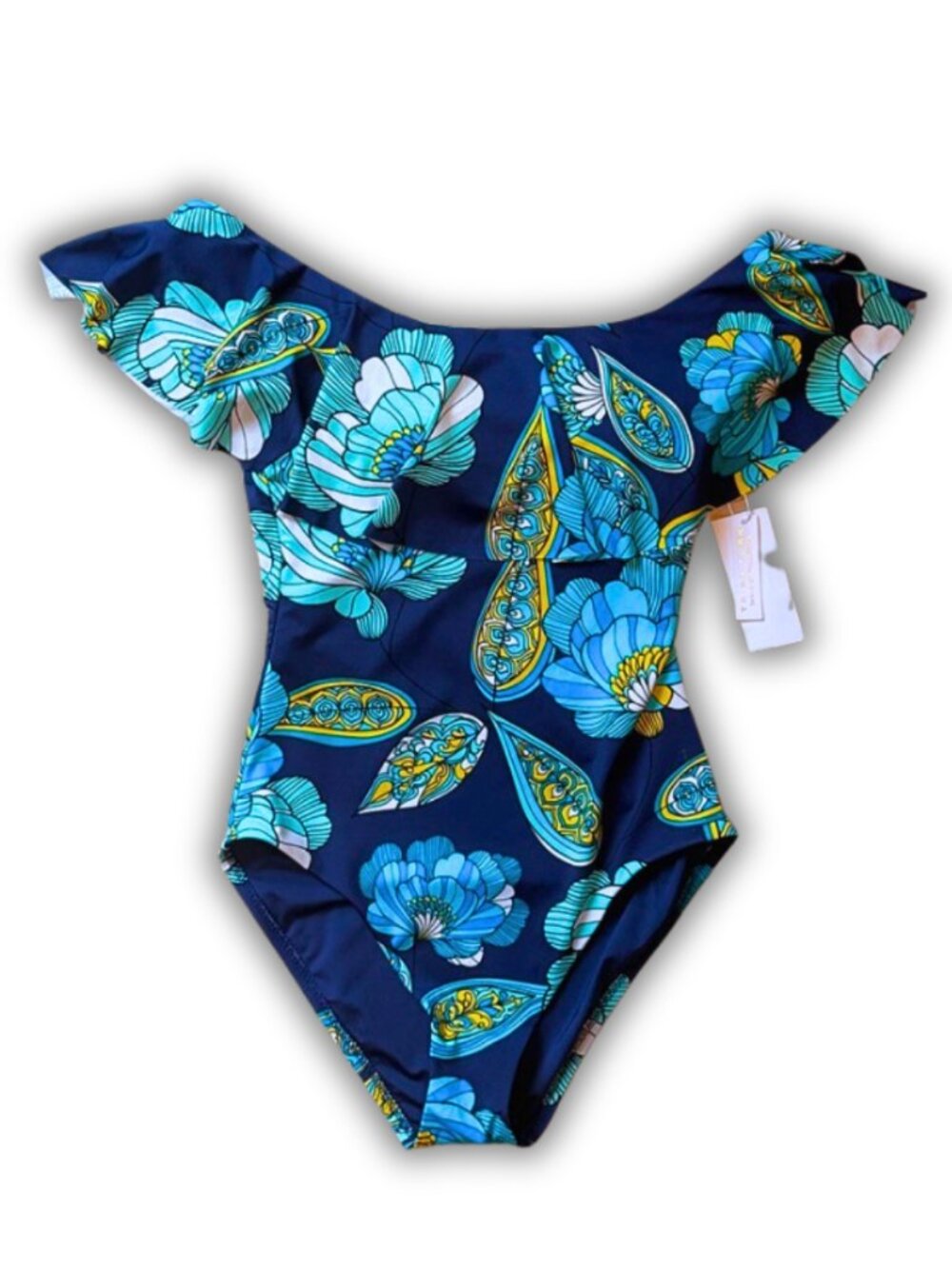 Trina Turk Floral Off Shoulder Ruffle One Piece Swimsuit Navy Blue Bathing Suit